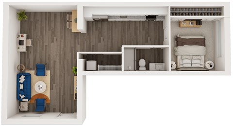 A top-down view of a small apartment with a bedroom, living room, and kitchen area.